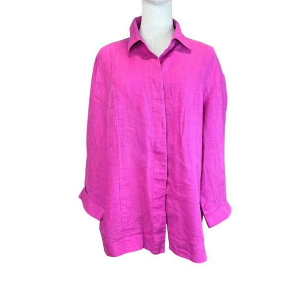 Ellen Tracy 100% Linen Button Front Blouse Magenta Pink Size 16 | Lightweight - Picture 1 of 9